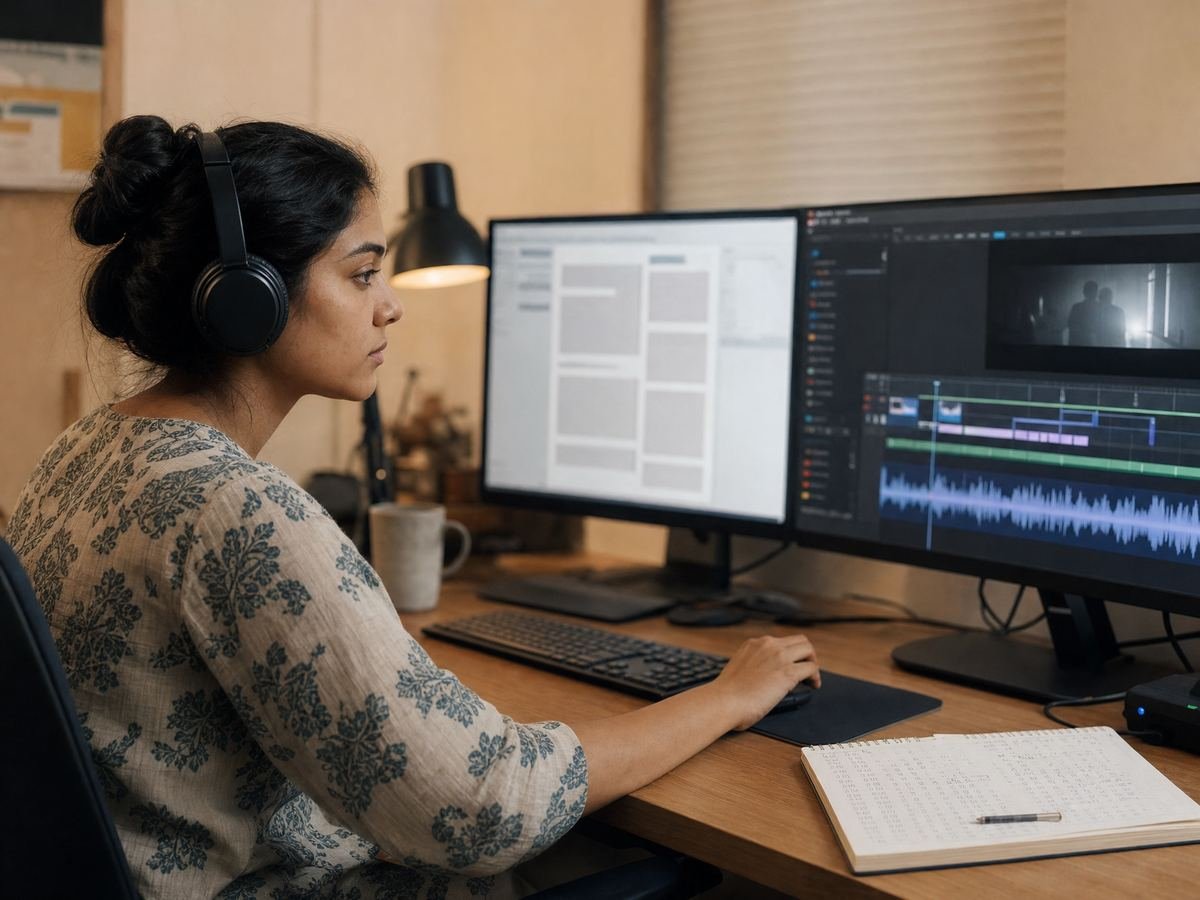 A translator timing captions across twin screens